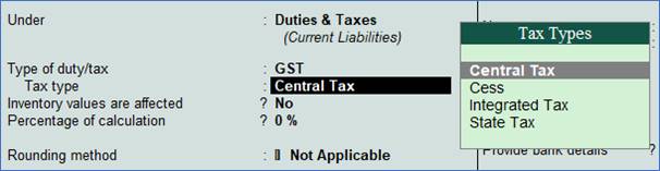 Creating GST (CGST/SGST/IGST) Ledger in Tally.ERP9